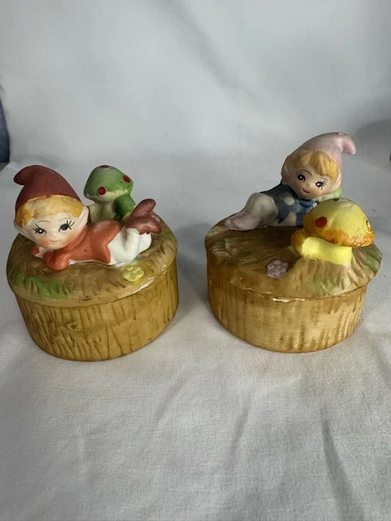 Vintage Homco Pixie Mushroom Trinket Boxes Set of 2 Ceramic Woodland Elf - Picture 1 of 9